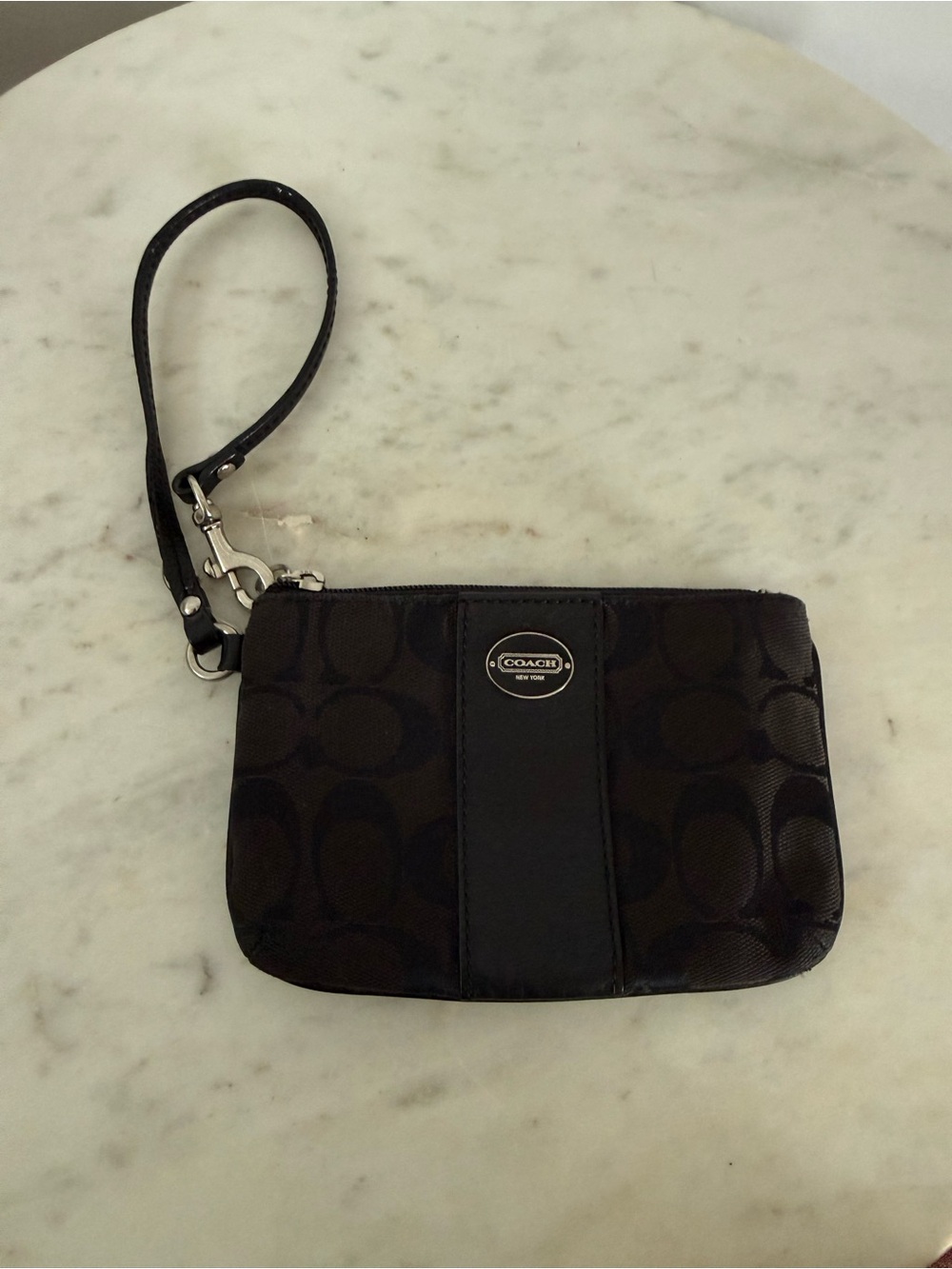 Coach Signature Canvas Black Wristlet Pouch Leather Trim